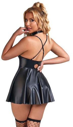 ohyeahlady Latex Kleider für Damen Curvy Dessous Damen Sexy Unterwäsche Elegant Kurz Lederkleid Kunstleder Partykleid Minikleid Clubwear Mollige Reizwäsche Frauen Outfit Schwarz,L