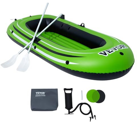 VEVOR Schlauchboot 2-Personen-Fischerboot, Robustes Tragbares PVC-Floßkajak, inkl. 45,6 Zoll Aluminiumruder, Hochleistungspumpe und Angelrutenhalter, 226,8 kg Tragkraft für Erwachsene, Kinder