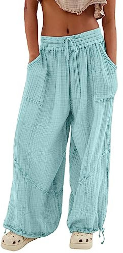 Skang Sommerhose Damen Leicht und Luftig mit Elastischem Bund Casual Lose Trousers Freizeithose mit Taschen Frauen Hosen Hippie Haremshosen High Waist Stoffhose Pumphose Einfarbig Locker Yoga Pants