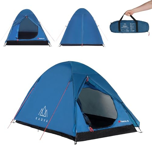 KADVA Campingzelt Festa 2 Zelt 200 x 120 x 105 cm für 2 Personen mit Moskitonetz Wasserdichtes Leichtes und Robustes Fiberglasgestell Ideal für Camping und Wandern (Blau)
