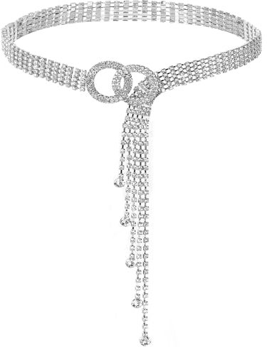 JABNOW Strass Taillengürtel für Damen,130CM Kristall Taillenkettengürtel Verstellbarer Kristall O Ring Bundgürtel,Strass Kettengürtel für Jeans Kleider-Einstellbar bis 120cm