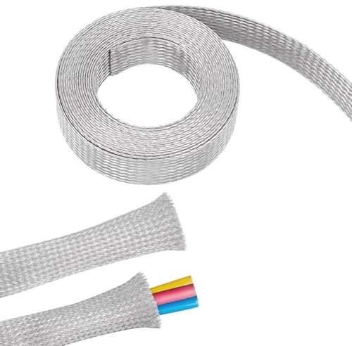 UNICRAFTALE 4m/13.12Feet Stainless Steel Braided Sleeving Braid Cable Wire Shielding Sleeve Ground Straps Protection Flat Metal Mesh Flexible Expandable Scalable Ribbon Flat Wire for Protect Cable