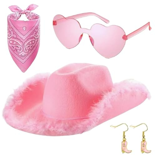 Cowgirl Hat Set - 4X Carnival Pink Cowgirl Hat for Women - Photography Masquerade Plush Fashion Cowgirl Role Play Hat with Bandana for Girlfriend