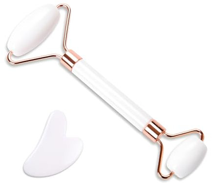 Gua Sha und Jade Roller Set - 2 in 1 Weiß Gesichtsmassagewerkzeug - Natürlicher Gua Sha Stein & Gesichtsroller für Lymphdrainage, Schwellungen & Hautformung