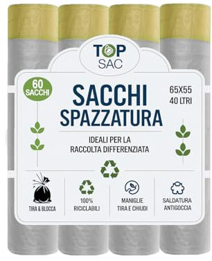 GECO Green ECOmmerce - 60 Sacchetti Spazzatura 40 Litri - 55x65 cm con Maniglie Tira e Chiudi | Buste Pattumiera per Raccolta Differenziata - Anti Goccia, Ultra Resistenti, Colore Trasparente