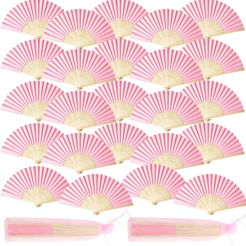 wokdsbl 24 Stück Papierfächer Rosa Faltbar mit Bambus und Organza-Beuteln, DIY Blanko Fächer für Hochzeit, Teeparty, Kirche, Cosplay und Dekoration