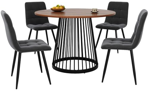 Matrumsstolar set,Matbord med 4 stolar,Rundt Köksbord med Sammet ryggstöd stolars,Mid-Century Modern matbord med metallben,Matgrupp för vardagsrum kontor och matsal(Gray+Black leg)