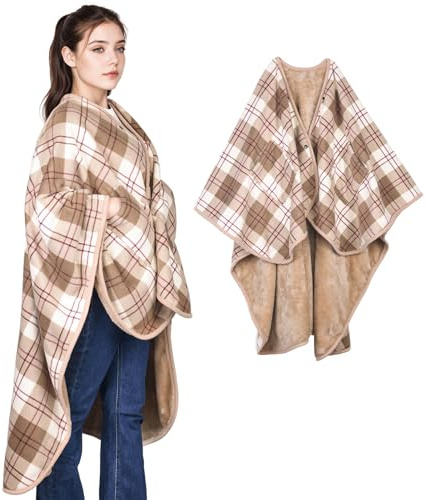SIVENKE Poncho pour Femme en Polaire - Couverture Portable en Flanelle - Écharpe en Tissu - Poncho Décontracté avec Boutons et Poches pour Lit, Canapé, Bureau, marron, 140 x 163 cm