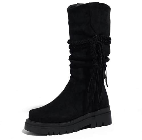 LarDorLin Femme Slouch Mi-Mollet Plateforme Bottes Bout Rond Confort Extérieur A Enfiler Frange Vintage Riding Bottines Noir Taille 35 EU