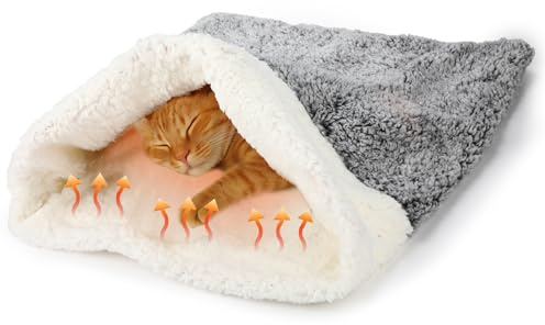Clysee Self Heating Cat Sleeping Bag Indoor Self Warming Cat Bed Cave Heated Pad Cozy Soft Winter Washable Wrap Pet Snuggle Sack Pouch for Puppy Dog Kitten, 24 x 21 Inch(Rustic,Gray)