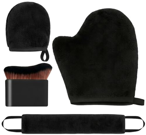 Guante Autobronceador Kit, 4 en 1 Manopla Autobronceador Faciales y Corporales Guantes Bronceado Reutilizables Doble Cara Sin Rayas Aterciopelada Suave para Aplicar Crema Protector Solar (Negro)