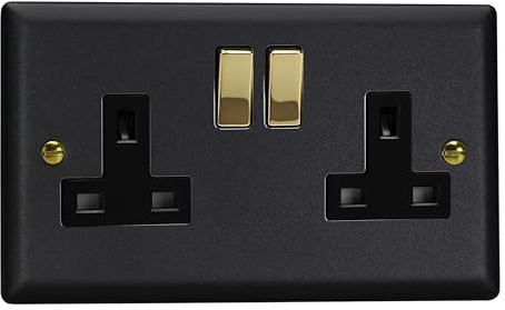Varilight Double Switched Plug Socket - Vogue Matt Black With Polished Brass/Black Insert, XY5VB.MB