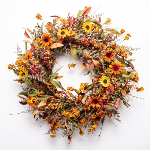 JINGHONG 24 Inch Fall Wreaths for Front Door, Artificial Autumn Wreath with Sunflowers, Berries and Leaves, Thanksgiving Harvest Wreath for Porch Window Farmhouse Home Decor