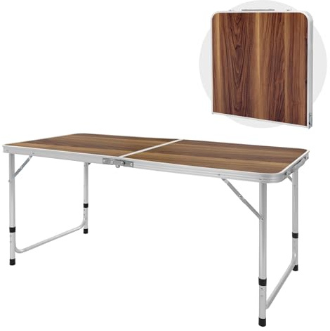 ECD Germany Campingtisch Klapptisch mit Tragegriff 120x60x55/63/70 cm Braun aus Aluminium und MDF Holzdekor höhenverstellbar klappbar - Falttisch Gartentisch Balkontisch Reisetisch Arbeitstisch Tisch