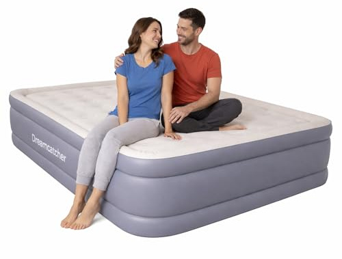 Dreamcatcher King Size Airbed, Inflatable Mattress with Built-In Pump | 218 x 165 x 50cm air bed with 250kg capacity, built-in pump, 42 support coils, waterproof flocked top, storage bag and patch.