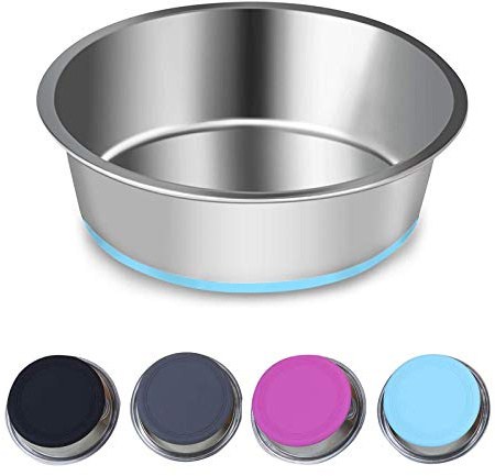 SUOXU Thick Stainless Steel Dog & Cat Plate Bowls, Non-slip Silicone Bases, Medium & Small Dog Feeder & Water Bowls (M-17cm)