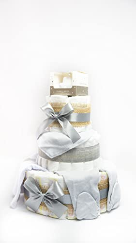 Tarta De Pañales DODOT y Conjunto Bebé 3 pisos - Regalo Original Para Recién Nacido - Incluye DEDICATORIA - Tarta Pañal Bebé Con Ropa 0-6 meses (Gris Unisex)