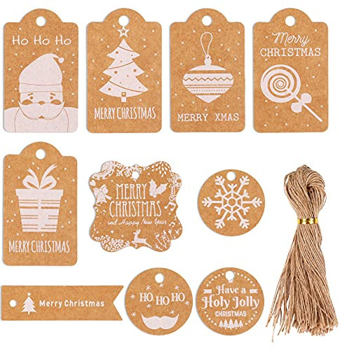 Eokeey 100 Stück Weihnachten Geschenkanhänger, Kärtchen zum Beschriften Kraftpapier Etiketten mit 100 Stück Jute Schnur, Geschenk Anhänger für Weihnachten Hochzeit Geschenke, DIY Bastel