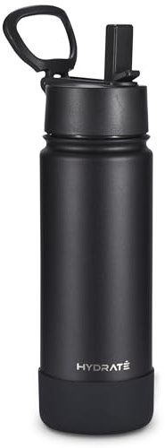 Hydrate Bottles Black Stainless Steel Water Bottle with Black Half Silicone Sleeve - Leak-Proof Insulated Water Bottles - Drinking Bottle for Hot and Cold Beverages Hydration On-The-Go - 750ml