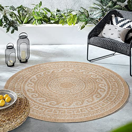 HomebyHome inomhus- och utomhusmatta, väderbeständig, rund 160 cm beige – sisal och juteutseende, vattentät för balkong, kök, camping, trädgård, terrass – tvättbar, greek design