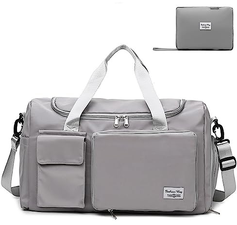 Bolsa de Viaje Plegable de Gran Capacidad Bolsa de Gimnasio Bolsa Grande de Fin de Semana, con Compartimento Zapatos y Compartimento húmedo para Deportes,Natación,Yoga y Viajes (Gris)