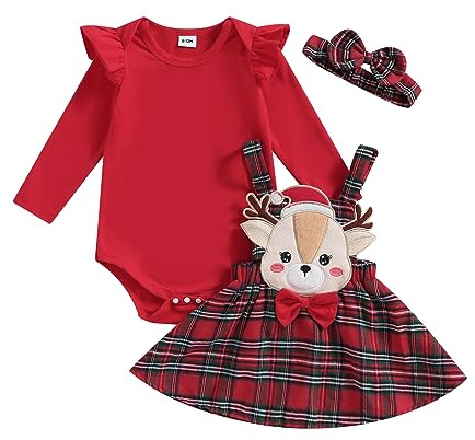 Vioyavo 3 Pezzi Completo Pagliaccetto Girocollo a Manica Lunga a Stampa Alce Gonna Scozzese per Invernale Tuta Vestitino Natale Neonata Elegante Principessa Rosso (Rosa, 3-6 Months)
