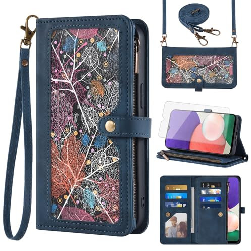 Phone Case for Samsung Galaxy A22 5G/Boost Mobile Celero 5G Wallet Cover With Screen Protector Crossbody Wrist Strap Leather Flip Pattern Zipper Credit Card Holder Cell Celero5G A 22 22A A22s G5 Blue