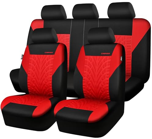 CAR PASS Car Seat Covers Full Sets, Front & Split Rear Bench for Car, 3D Tyre Embossed Automotive Interior Covers, Airbag Compatible, Quick Setup Universal Fit Seat Covers for Car, SUV(Black Red)
