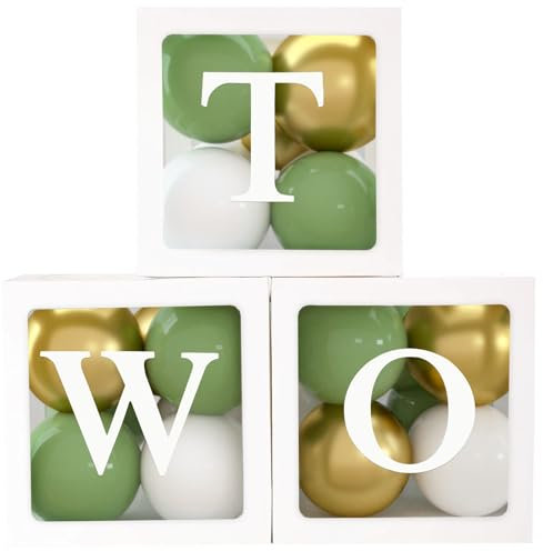Scatole per decorazioni per feste di 2 ° compleanno per ragazzi, scatole a palloncini da 3 pezzi con 30 palloncini bianchi in oro verde e una lettere, blocchi di palloncini per 2.Birthday DOCHDROP