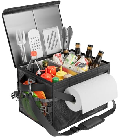 FANGSUN Black Grill Caddy, BBQ Organizer with Lid & Paper Towel Holder, Picnic Griddle Caddy for Outdoor Camping, Barbecue Accessories Organizer, 32L Capacity, Black