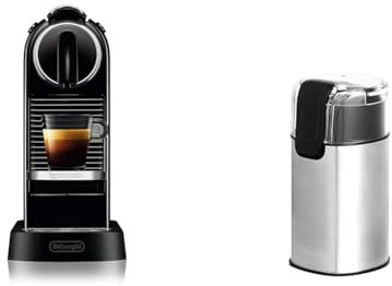Nespresso De'Longhi EN167.B Citiz Kaffeekapselmaschine, mit Hochdruckpumpe, 1260W, 1liter,37.4 x 11.9 x 25.5 cm, Schwarz & Amazon Basics – Elektrische Kaffeemühle, Edelstahl