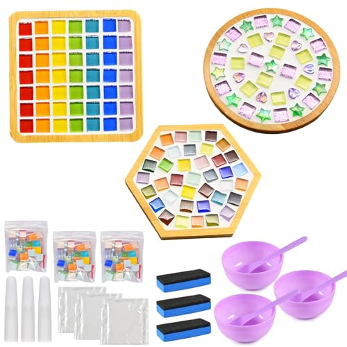 AsyinXson Juego de posavasos de mosaico para manualidades, 3 piezas, juego de posavasos de piedras de mosaico, mosaico de porcelana, juego creativo de arte y manualidades para posavasos