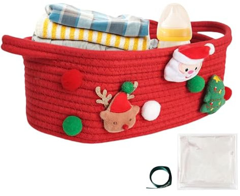 Oldmoom Cesto di caramelle natalizie intrecciate, cestino di corda di Babbo Natale, Cestino intrecciato in corda di cotone con manici, Organizzatore di giocattoli per soggiorno camera da letto,
