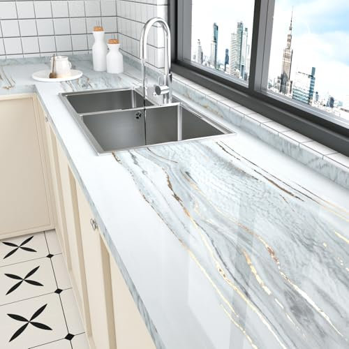 HotDecor White/Grey/Gold Marble Wallpaper Kitchen Worktop Covering Vinyl Self Adhesive Kitchen Counter Vinyl Wrap Glossy White Marble Sticky Back Plastic Waterproof Wallpaper Bathroom 60cm x 300cm