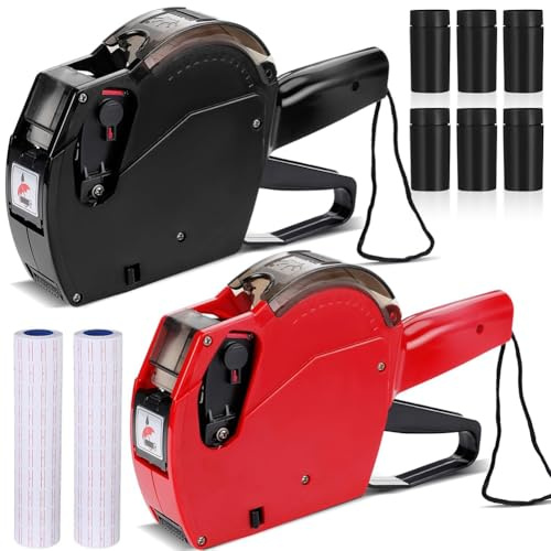 Wouueso 2 Stück 8-Stellige Preisauszeichner-Set mit 20 Rollen Leeren Weißen Aufkleberetiketten und 6 Tintennachfülltinten