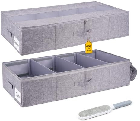 CHAWONER 2Pack Under Bed Storage Box with Lid, 60L Large Underbed Storage, Foldable Reinforced Fabric Design Clothes Storage Bags with Zips & Dividers & Clear Window, Come with Lint Brush