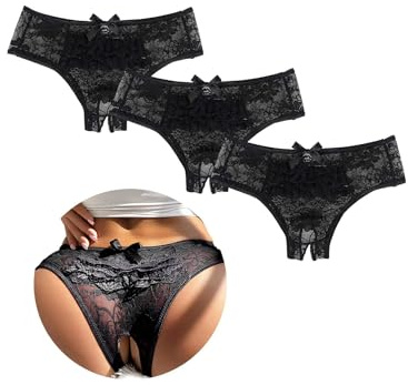 comeondear Tanga Abierto Mujer de Encaje Bragas Brasileñas Mujer Talla Grande Transparente Tanga Ouvert Bragas Abiertas Cintura Baja Ropa Interior Elásticos Slip Thong 3-Negro+Negro+Negro,M