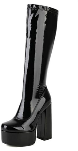 Gueploer Stivali al Ginocchio da Donna, Tacco Largo 14 Cm, Plateau, Pelle Verniciata Elasticizzata, Stivali Alti per Feste E Uso Quotidiano,Nero,42 EU