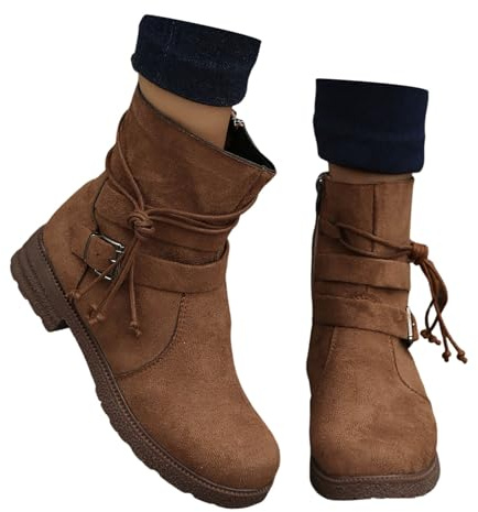 2026 botines mujer mujer e invierno cuero cara color sólido cremallera lateral botines cálidos temperamento casual hebilla botas, café, 42 EU