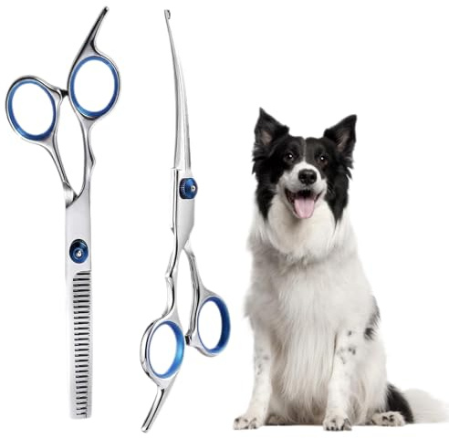 2 Stück Hundeschere Set Profi, Hundeschere Fellschere für Hunde und Katzen, Gebogene Fellpflegeschere Haarschere, Haustierschere mit Runder Sicherheitsspitze, für Hundefriseur und Anfänger