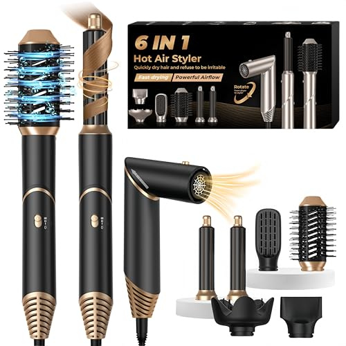 Air Styler 6 en 1 Air Brush Brosse Chauffante Brushing & Sèche-Cheveux avec Diffuseur Brosse Soufflante Airstyler Boucleur a Cheveux à Air Brosse à Lissante Ensemble Airbrush Coiffure Femmes, Noir