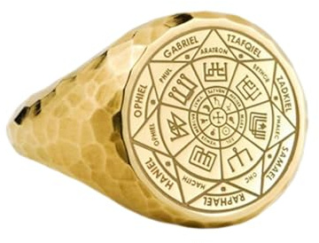 LKBEADS Sju malmängel i 925 sterlingsilver | Guldpläterad ring | Sigillring i rund form, 14 x 14 mm | Bandstorlek US 5–12,5 avelaibal | LKDR_0193