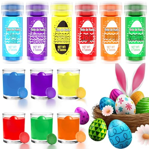 Colorante Alimentario de Pascua - 48 Pastillas para Teñir Huevos de Pascua, 6 Colores, Kit de Colorante Alimentario, Sin OMG, Fácil de Colorear - Amarillo, Rojo, Azul, Verde, Naranja y Morado