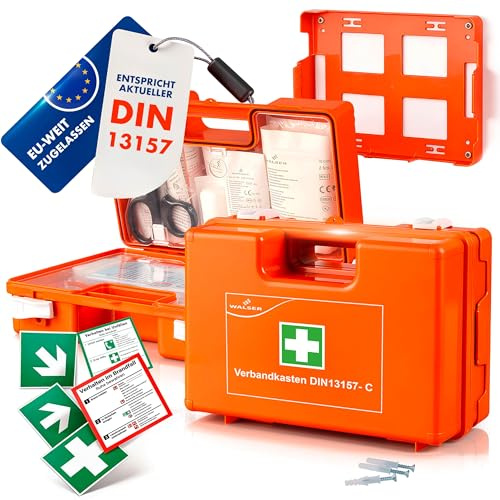 WALSER Erste-Hilfe-Set nach DIN 13157:2021, Betriebsverbandkasten 2026 inkl. Wandhalterung, 84-teiliger Sanitätskasten, Verbandskasten für Betriebe bis 50 Personen, Erste Hilfe Kasten für Büro/Zuhause