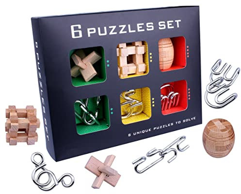 Chonor 6er Set 3D Holz Denkaufgabe Metallpuzzle Metalldraht Puzzle, Holzspielzeug Knobelspiel Geduldspiel Intelligenz Pädagigisches Gehirntraining Spielzeug Logikspiel Geschenk für Kinder Erwachsene