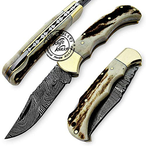 Stag Horn 6.5'' Handmade Damascus Steel Folding Pocket Knife, Hunting Knife, Outdoor Survival Hunting Accessories, Gifts for Men, Boyfriend, Dad, Father’s Day Gift, 100% Prime Quality