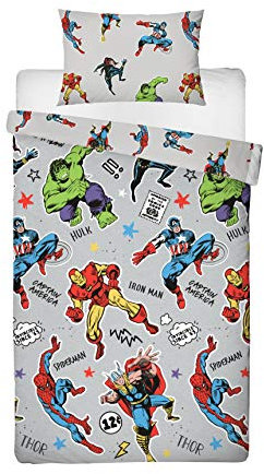 Marvel Comics Character World Licensed Grey Single Duvet Cover Design Reversible Two Sided Bedding Duvet Cover With Matching Pillow Case,DMCGREDS001UK1