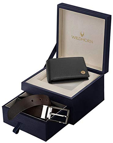 WildHorn® RFID-geschützte Geldbörse aus echtem Leder und Geschenk-Kombination für Herren, Schwarz