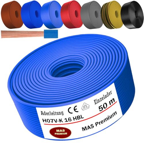 MAS Premium Von 5 bis 100m Aderleitung H07 V-K 16 mm² Schwarz, Braun, Dunkelblau, Grüngelb, Grau, Hellblau oder Rot Einzelader flexibel (Hellblau, 50m)