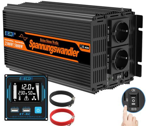EDECOA inversor 12v 220v Onda Pura 2500w convertidor de Corriente con Mando 2X USB para Autocaravana para Coche Placa Solar Sistema de Aislamiento galvanico (2a generacion)